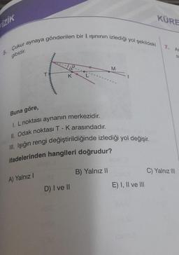 Fizik
5. Çukur aynaya gönderilen bir I ışınının izlediği yol şekildeki
gibidir.
T
A) Yalnız I
K
Buna göre,
1. L noktası aynanın merkezidir.
II. Odak noktası T - K arasındadır.
III. Işığın rengi değiştirildiğinde izlediği yol değişir.
ifadelerinden hangileri doğrudur?
D) I ve II
M
B) Yalnız II
E) I, II ve III
KÜRE
7. As
SK
C) Yalnız III