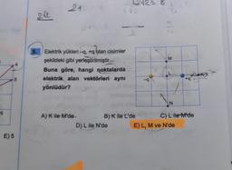 9
5
E) 5
2√2
5.
2+2=4
Elektrik yükleri-q, +q olan cisimler
şekildeki gibi yerleştirilmiştir.
Buna göre, hangi noktalarda
elektrik alan vektörleri aynı
yönlüdür?
A) K ile M'de.
2
B) K ile L'de
D) L ile N'de
-q
6
SP V3
M
N
+q
C) L ile M'de
E) L, M ve N'de