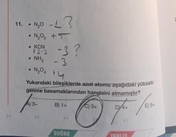 8-9
11. .
●
N₂0 -1
N₂O5 +5
• KCN
12-3
• NH3
?
8-9
-3?
-3
N₂O4
Yukarıdaki bileşiklerde azot atomu aşağıdaki yükselt-
genme basamaklarından hangisini almamıştır?
A) 3-
B) 1+
C) 3+
J
8-
tu
V-7
DOĞRU
DY4+
0-2
YANLIS
E) 5+
0-1