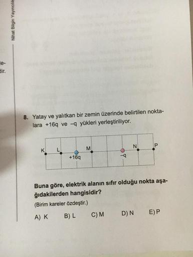 Bir.
Nihat Bilgin Yayincili
8. Yatay ve yalıtkan bir zemin üzerinde belirtilen nokta-
lara +16q ve -q yükleri yerleştiriliyor.
+16q
M
-q
C) M
Buna göre, elektrik alanın sıfır olduğu nokta aşa-
ğıdakilerden hangisidir?
(Birim kareler özdeştir.)
A) K
B) L
P