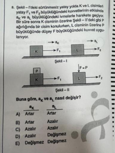 8. Şekil-l'deki sürtünmesiz yatay yolda K ve L cisimleri
yatay F, ve F₂ büyüklüğündeki kuvvetlerinin etkisinde
ak ve a büyüklüğündeki ivmelerle harekete geçiyor.
Bir süre sonra K cisminin üzerine Şekil - Il'deki gibi p
ağırlığında bir cisim konulurken, L c