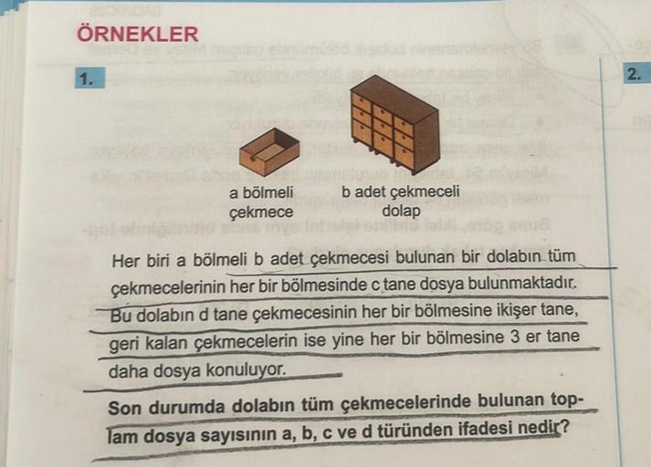 ÖRNEKLER
1.
a bölmeli
çekmece
b adet çekmeceli
dolap
Her biri a bölmeli b adet çekmecesi bulunan bir dolabın tüm
çekmecelerinin her bir bölmesinde c tane dosya bulunmaktadır.
Bu dolabın d tane çekmecesinin her bir bölmesine ikişer tane,
geri kalan çekmecel