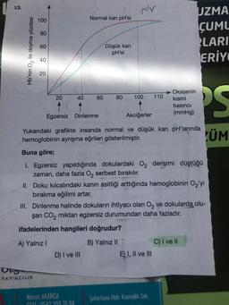 13.
Hb'nin O₂ ile doyma yüzdesi
100
80
60
40
Opg-
YAYINCILIK
20
20
40
Normal kan pH'si
Egzersiz Dinlenme
60
Düşük kan
pH'si
D) I ve III
Ahmet AKARCA
GSM 0542 399 76.94
80
MY
100
Akciğerler
Yukarıdaki grafikte insanda normal ve düşük kan pH'larında
hemoglobinin ayrışma eğrileri gösterilmiştir.
110
Buna göre;
1. Egzersiz yapıldığında dokulardaki O₂ derişimi düştüğü
zaman, daha fazla O₂ serbest bırakılır.
II. Doku kılcalındaki kanın asitliği arttığında hemoglobinin O₂'yi
bırakma eğilimi artar.
Oksijenin
kısmi
basıncı
(mmHg)
III. Dinlenme halinde dokuların ihtiyacı olan O₂ ve dokularda olu-
şan CO₂ miktarı egzersiz durumundan daha fazladır.
ifadelerinden hangileri doğrudur?
A) Yalnız I
B) Yalnız II
E) I, II ve III
UZMA
CUML
RLARI
ERİY
PS
ÜM
Şekerhane Mah. Kaymaklı Sok.
C) I ve II