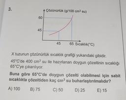 3.
60
45
Çözünürlük (g/100 cm³ su)
45 65 Sıcaklık(°C)
X tuzunun çözünürlük sıcaklık grafiği yukarıdaki gibidir.
45°C'de 400 cm³ su ile hazırlanan doygun çözeltinin sıcaklığı
65°C'ye çıkarılıyor.
Buna göre 65°C'de doygun çözelti olabilmesi için sabit
sıcaklıkta çözeltiden kaç cm³ su buharlaştırılmalıdır?
A) 100
B) 75
C) 50
D) 25
E) 15