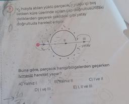 v hızıyla atılan yüklü parçacık,+ yüklü içi boş
iletken küre üzerinde açılan çap doğrultusundaki
deliklerden geçerek şekildeki gibi yatay
doğrultuda hareket ediyor.
A) Yalnız I
30
25
+
Buna göre, parçacık hangi bölgelerden geçerken
ivmesiz hareket yapar?
shuğublo
B) Yalnız II
C) I ve II
D) I ve III
+
yatay
E) I, II ve III
on av M