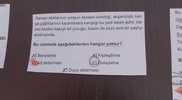 ten;
esi-
Sanayi atıklarının yorgun dereleri kirlettiği, akşamüstü kar-
ga çığlıklarının karanlıklara karıştığı bu yedi tepeli şehir, ba-
zen keskin bakışlı bir çocuğu, bazen de yüzü asık bir yaşlıyı
andırıyordu.
Bu cümlede aşağıdakilerden hangisi yoktur?
A) Benzetme
CTAd aktarması
B) Kişileştirme
D) Dolaylama
Duyu aktarması
Bu
Dal
Da
Su
Tu
Ku
00
B
A