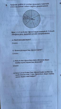 5.
Aşağıdaki grafikte bir sınıftaki öğrencilerin matematik
sınavında aldıkları notların dağılımı gösterilmektedir.
Sınava
girmeyen
8
2
96*
3
Notu 1, 2, 3 ve 4 olan öğrenci sayısı sırasıyla 5, 7, 8 ve 6
olduğuna göre, aşağıdaki soruları cevaplandırınız.
a) Sınıf mevcudu kaçtır? ward
Çözüm:
b) Sınava girmeyen kaç öğrenci vardır?
Çözüm:
c) Notu 4 olan öğrencilere daire diliminde düşen
merkez açının ölçüsü kaç derecedir?
Çözüm:
d) Notu 3, 4 ve 5 olan 2 şer öğrenci başka sınıftan bu
sınıfa alınırsa notu 1 olan öğrencilere düşen merkez
açının ölçüsü nasıl değişir?
AWIOD 140
6
7