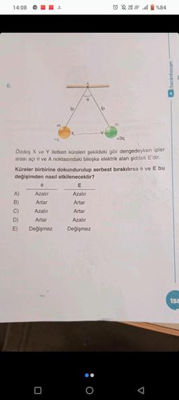 6.
14:08
1
A)
B)
C)
D)
E)
m
0
Azalır
Artar
Azalır
Artar
Değişmez
+q
ip
X
0
p
Y
O
Oll %84
Özdeş X ve Y iletken küreleri şekildeki gibi dengedeyken ipler
arası açı 0 ve A noktasındaki bileşke elektrik alan şiddeti E'dir.
m
Küreler birbirine dokundurulup serbest bırakılırsa 0 ve E bu
değişimden nasıl etkilenecektir?
E
Azalır
Artar
Artar
Azalır
Değişmez
+3q
◄
/benimhocam
158