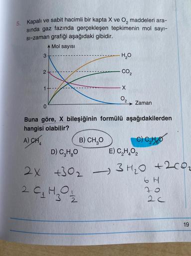 5. Kapalı ve sabit hacimli bir kapta X ve O₂ maddeleri ara-
sında gaz fazında gerçekleşen tepkimenin mol sayı-
si-zaman grafiği aşağıdaki gibidir.
A Mol sayısı
3
2
0
H₂O
CO₂
B) CH₂O
X
0₂
Zaman
Buna göre, X bileşiğinin formülü aşağıdakilerden
hangisi olabil