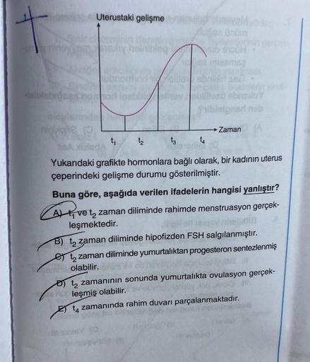 Uterustaki gelişme
sa onom
s16xy heiniblegub enou
10 sa inlesmez
folus abrilän 360
nomor leabl
t₁
t4
ibleipner neb
→ Zaman
t2
A leda
Yukarıdaki grafikte hormonlara bağlı olarak, bir kadının uterus
çeperindeki gelişme durumu gösterilmiştir.
CALV
Buna göre, 