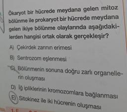 Ökaryot bir hücrede meydana gelen mitoz
bölünme ile prokaryot bir hücrede meydana
gelen ikiye bölünme olaylarında aşağıdaki-
lerden hangisi ortak olarak gerçekleşir?
A) Çekirdek zarının erimesi
B) Sentrozom eşlenmesi
C) Bölünmenin sonuna doğru zarlı organelle-
rin oluşması
D) Iğ ipliklerinin kromozomlara bağlanması
E) Sitokinez ile iki hücrenin oluşması
1. F