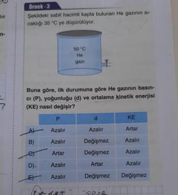 bir
n-
Örnek-3
Şekildeki sabit hacimli kapta bulunan He gazının si-
caklığı 35 °C ye düşürülüyor.
A
B)
et
D).
Buna göre, ilk durumuna göre He gazının basın-
CI (P), yoğunluğu (d) ve ortalama kinetik enerjisi
(KE) nasıl değişir?
P
Azalır
Azalır
Artar
Azalır
Azalır
50 °C
He
gazi
(P.X-RR-T
I
d
Azalır
Değişmez
Değişmez
Artar
Değişmez
156-2
KE
Artar
Azalır
Azalır
Azalır
Değişmez