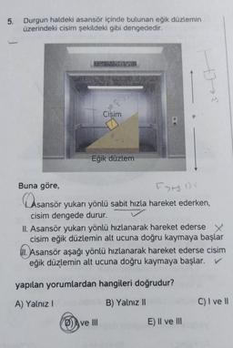 5. Durgun haldeki asansör içinde bulunan eğik düzlemin
üzerindeki cisim şekildeki gibi dengededir.
Cisim
Eğik düzlem
Buna göre,
Fars De
Asansör yukarı yönlü sabit hızla hareket ederken,
cisim dengede durur.
II. Asansör yukarı yönlü hızlanarak hareket ederse X
cisim eğik düzlemin alt ucuna doğru kaymaya başlar
II. Asansör aşağı yönlü hızlanarak hareket ederse cisim
eğik düzlemin alt ucuna doğru kaymaya başlar. V
yapılan yorumlardan hangileri doğrudur?
A) Yalnız I
B) Yalnız II
Dve III
se t
E) II ve III
C) I ve II