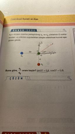Elektriksel Kuvvet ve Alan
ÖRNEK SORU
Aynı düzlem üzerine yerleştirilmiş q, ve q₂ yüklerinin O nokta-
sındaki +q yüküne uyguladıkları bileşke elektriksel kuvvet aşa-
ğıdaki gibidir.
91
Buna göre,
2d
+q
d
37°
92
F
19₂6
91
oranı kaçtır? (sin37 = 0,6, cos37 = 0,8)
92
ÇÖZÜM