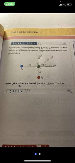 20:23
Elektriksel Kuvvet ve Alan
ÖRNEK SORU
Aynı düzlem üzerine yerleştirilmiş q, ve q₂ yüklerinin O nokta-
sındaki +q yüküne uyguladıkları bileşke elektriksel kuvvet aşa-
ğıdaki gibidir.
018
91
Buna göre,
2d
O
+q
d
37°
92
F
4G O
196
91
oranı kaçtır? (sin37 = 0,6, cos37 = 0,8)
92
ÇÖZÜM
Ų