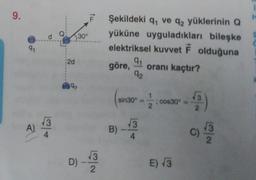 9.
91
A)
d
√3
4
Q:
2d
30°
9₂
D) -13
2
Şekildeki q₁ ve q2 yüklerinin Q
yüküne uyguladıkları bileşke
elektriksel kuvvet F olduğuna
91
göre, oranı kaçtır?
92
sin30º = cos30º =
2
√3
B) -
4
E) √3
3
5)
2
c) ¹3