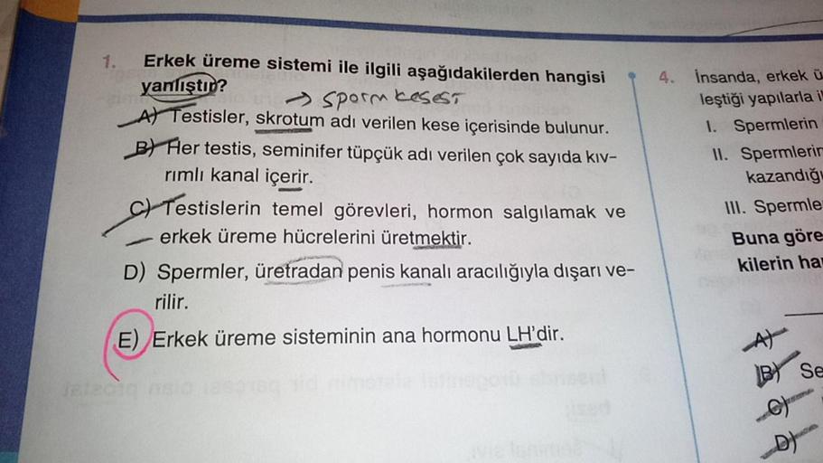 1.
Erkek üreme sistemi ile ilgili aşağıdakilerden hangisi
yanlıştır?
→ Sporm
kesest
A) Testisler, skrotum adı verilen kese içerisinde bulunur.
B) Her testis, seminifer tüpçük adı verilen çok sayıda kıv-
rimli kanal içerir.
Testislerin temel görevleri, horm