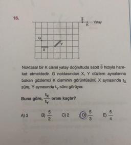 16.
tx
Buna göre, oranı kaçtır?
ty
A) 3
Y
B)
Noktasal bir K cismi yatay doğrultuda sabit 9 hızıyla hare-
ket etmektedir. G noktasından X, Y düzlem aynalarına
bakan gözlemci K cisminin görüntüsünü X aynasında tx
süre, Y aynasında ty süre görüyor.
5/2
ISY
C) 2
K
Yatay
0-9 E)