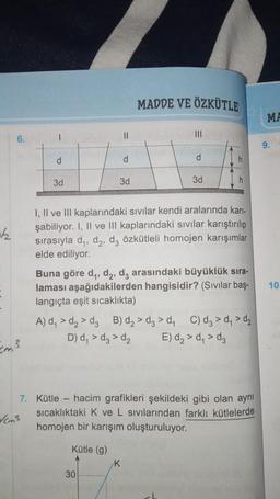 √₂
d
✓/cm³
3d
d
3d
MADDE VE ÖZKÜTLE
30
|||
d
K
3d
I, II ve III kaplarındaki sıvılar kendi aralarında karı-
şabiliyor. I, II ve III kaplarındaki sıvılar karıştırılıp
sırasıyla d₁, d₂, d3 özkütleli homojen karışımlar
elde ediliyor.
h
Buna göre d₁, d₂, d3 arasındaki büyüklük sıra-
laması aşağıdakilerden hangisidir? (Sıvılar baş-
langıçta eşit sıcaklıkta)
A) d₁d₂d3 B) d₂ > d3 > d₁ C) d₂ > d₁ > d₂
D) d₁ > d₂ > d₂ E) d₂ > d₁ > d3
7.
Kütle - hacim grafikleri şekildeki gibi olan aynı
sıcaklıktaki K ve L sıvılarından farklı kütlelerde
homojen bir karışım oluşturuluyor.
Kütle (g)
MF
9.
10