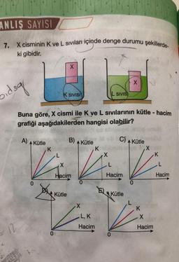 ANLIŞ SAYISI
7. X cisminin K ve L sıvıları içinde denge durumu şekillerde-
ki gibidir.
DE
pidsg
Buna göre, X cismi ile K ve L sıvılarının kütle - hacim
grafiği aşağıdakilerden hangisi olabilir?
12
A) A Kütle
0
K
X
X
L
Mer 0
K SIVISI
B) A Kütle
X
Hacim
0
Kütle
X
V
L, K
,K
Hacim
C) Kütle
Krabbamine Xeio
K
X
L SIVIS
L
Hacim
X
ELKütle
0
0
K
X
Hacim
L
Hacim