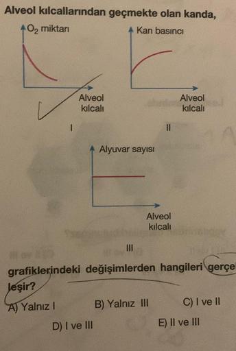 Alveol kılcallarından
40₂ miktarı
I
leşir?
A) Yalnız I
Alveol
kılcalı
geçmekte olan kanda,
A Kan basıncı
D) I ve III
Alyuvar sayısı
|||
11
Alveol
kılcalı
illow #
grafiklerindeki değişimlerden hangileri gerçel
B) Yalnız III
Alveol
kılcalı
C) I ve II
E) II v