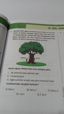 an Veli ve
e.
5.
Bahçelerindeki ağaca tırmanmak için iki farklı yol bulunan
Kerem ve Meltem kardeşler ağaca sabit hızla çıkıp mey-
ve toplayacaklardır. Kütleleri eşit olan kardeşlerden Kerem
ağacın gövdesine dik olan tırmanma merdivenlerinden,
Meltem ise eğimli merdivenden ağaca çıkıyorlar.
S
Meltem
Kerem
D) I ve II
Kerem ağaca, Meltem'den önce çıktığına göre,
1. Yer çekimine karşı yaptıkları işler
II. Tırmanma gücü
III. Ağaca çıktıkları andaki yere göre potansiyel enerji
niceliklerinden hangileri farklıdır?
A) Yalnız I
iş-GÜÇ-ENER
B) Yalnız II
E) II ve III
C) Yalnız III
7. Y
7
C