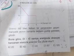 4.
35
A Manyetik akı (wb)
15
1
1
1
2
1
15
0
→ Zaman (s)
4
Direnci 59 olan iletken bir çerçeveden geçen
manyetik akının zamanla değişim grafiği şekildeki
gibidir.
Buna göre, (0-4) saniye aralığında dirençte
harcanan elektrik enerjisi kaç jõule olur?
A) 20
B) 40
C) 60
R
D) 80 E) 120.5
IV