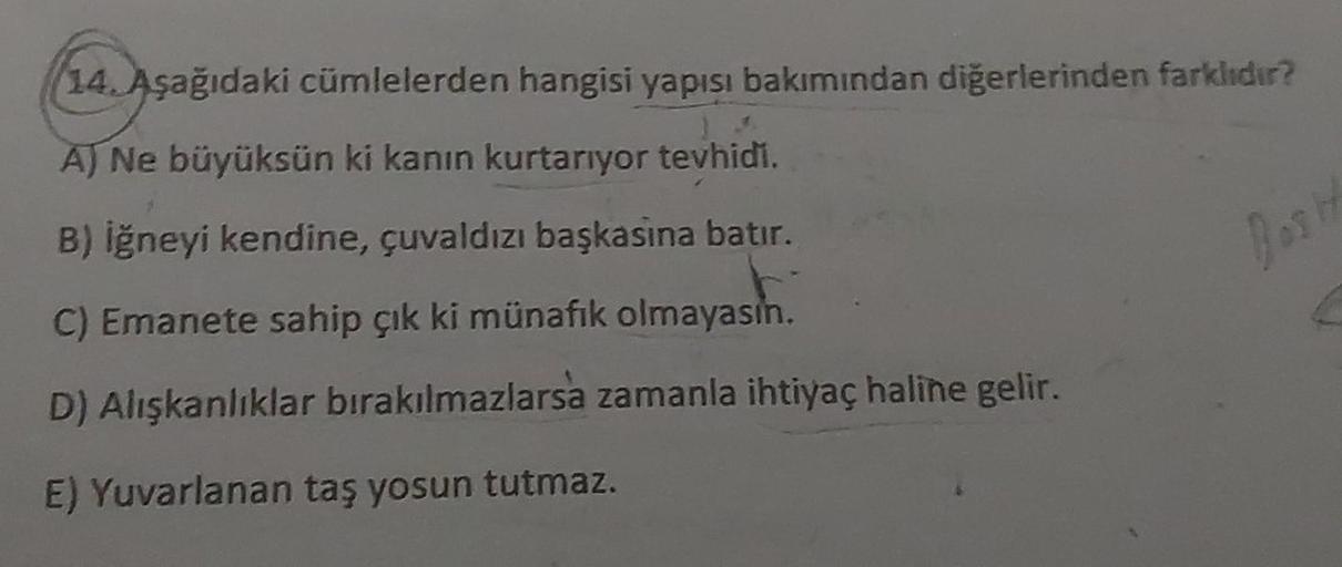 14. Aşağıdaki cümlelerden hangisi yapısı bakımından diğerlerinden farklıdır?
A) Ne büyüksün ki kanın kurtarıyor tevhidi.
B) İğneyi kendine, çuvaldızı başkasına batır.
C) Emanete sahip çık ki münafık olmayasın.
D) Alışkanlıklar bırakılmazlarsa zamanla ihtiy