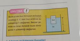 A
UNUTMA
!
Suda yüzen buz ile suyun ve buzun
sıcaklığı 0 °C iken buz eritilirse su
yüksekliği h değişmez. Benzer şe-
kilde su biraz donarak buza dönü-
şürse h yüksekliği değişmez.
dozyon ve Kobezyon Kuvvetleri
buz
su
h