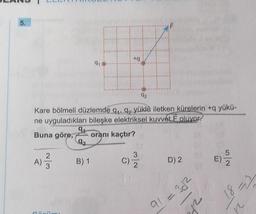 5.
A)
15
Kare bölmeli düzlemde q₁ q2 yüklü iletken kürelerin +q yükü-
ne uyguladıkları bileşke elektriksel kuvvet F oluyor.
Buna göre, oranı kaçtır?
2
3
Himar
91
92
91
B) 1
+q
C)
92
3
2
D) 2
91 = 30²
E)
5
2
18
N