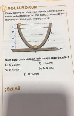 CYGULUYORUM
Düşey kesiti verilen sürtünmesi önemsiz sistemde K nokta-
sından serbest bırakılan m kütleli cisim, O noktasında dur-
makta olan m kütleli cisme çarpıp yapışıyor.
h
3h
5h
7h
ÇÖZÜMÜ
M..
Buna göre, ortak kütle en fazla nereye kadar çıkabilir?
A) O-L arası
B) L noktası
C) M noktası
D) M-N arası
E) N noktası
yer