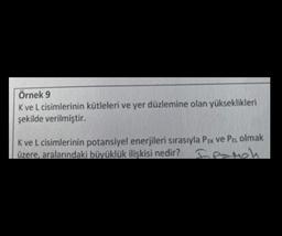 Örnek 9
K ve L cisimlerinin kütleleri ve yer düzlemine olan yükseklikleri
şekilde verilmiştir.
K ve L cisimlerinin potansiyel enerjileri sırasıyla PEx ve PEL olmak
üzere, aralarındaki büyüklük ilişkisi nedir?