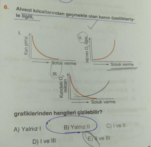 6.
Alveol kılcallarından geçmekte olan kanın özellikleriy-
le ilgili,
Kan pH'si
Soluk verme
A) Yalnız I
III.
Kandaki O
miktarı
II.
D) I ve Illvil (@
Hb'nin O, ilgisi
grafiklerinden hangileri çizilebilir?
B) Yalnız II
Soluk verme
Soluk verme
C) I ve II A
0
