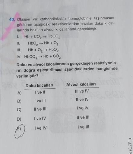 40. Oksijen ve karbondioksitin hemoglobinle taşınmasını
gösteren aşağıdaki reaksiyonlardan bazıları doku kılcal-
larında bazıları alveol kılcallarında gerçekleşir.
Hb + CO₂ → HbCO2
HbO₂ → Hb + O₂
Hb + O₂ → HbO₂
IV. HbCO, → Hb + CO2
I.
II.
Doku ve alveol kı