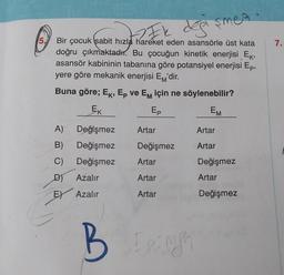 SmeA
2Fk değ
5. Bir çocuk sabit hızla hareket eden asansörle üst kata
doğru çıkmaktadır. Bu çocuğun kinetik enerjisi Ek,
asansör kabininin tabanına göre potansiyel enerjisi Ep,
yere göre mekanik enerjisi EM'
'dir.
Buna göre; Ek, Ep ve EM için ne söylenebilir?
EK
Ep
EM
A)
Değişmez
B) Değişmez
C)
Değişmez
D) Azalır
E Azalır
B
Artar
Değişmez
Artar
Artar
Artar
Epinigh
Artar
Artar
Değişmez
Artar
Değişmez
7.