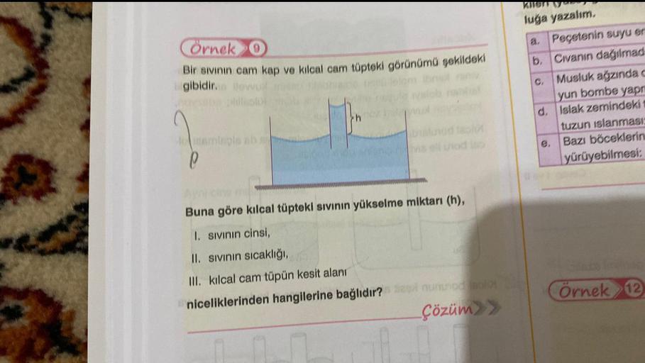 Cornek O
Bir sıvının cam kap ve kılcal cam tüpteki görünümü şekildeki
gibidir. Bewus minor
P
mlapls ab ay
oll unod Iss
Buna göre kılcal tüpteki sıvının yükselme miktarı (h),
1. Sıvının cinsi,
II. sıvının sıcaklığı,
III. kılcal cam tüpün kesit alanı
nicelik