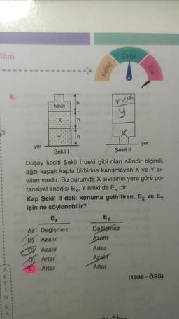 Tüm
yer
hava
Ex
AY Değişmez
B) Azalır
h
Azalır
Artar
Artar
h
Kolay
Şekil 1
Şekil II
Düşey kesiti Şekil I deki gibi olan silindir biçimli,
ağzı kapalı kapta birbirine karışmayan X ve Y si-
vıları vardır. Bu durumda X SIVISının yere göre po-
tansiyel enerjisi Ex, Y ninki de Ey dir.
Kap Şekil II deki konuma getirilirse, Ex ve Ey
için ne söylenebilir?
Orta
nog
y
Ey
Değişmez
Azalır
Artar
Azahr
Artar
№₂
yer
(1996-ÖSS)