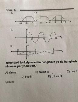 Soru - 5
I.
II.
III.
-3
Çözüm
-1
2
pas
2
3
D) I ve III
4 5
7
B) Yalnız III
8 10
9
9 10
X
Yukarıdaki fonksiyonlardan hangisinin ya da hangileri-
nin esas periyodu 6'dır?
A) Yalnız I
X
X
E) I, II ve III
C) I ve II