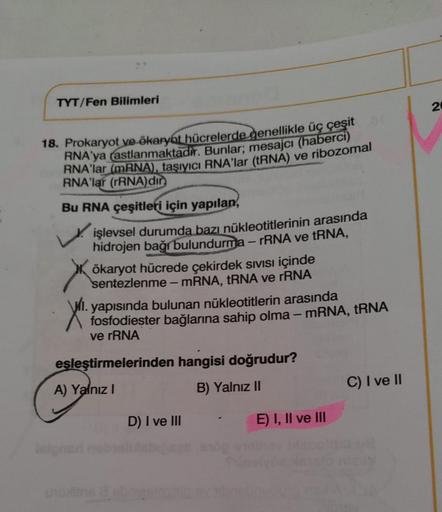 TYT/Fen Bilimleri
18. Prokaryot ve ökaryot hücrelerde genellikle üç çeşit
RNA'ya (astlanmaktadır. Bunlar; mesajcı (haberci)
RNA'lar (mRNA), taşıyıcı RNA'lar (tRNA) ve ribozomal
RNA'lar (rRNA) dir
Bu RNA çeşitleri için yapılan,
işlevsel durumda bazı nükleot