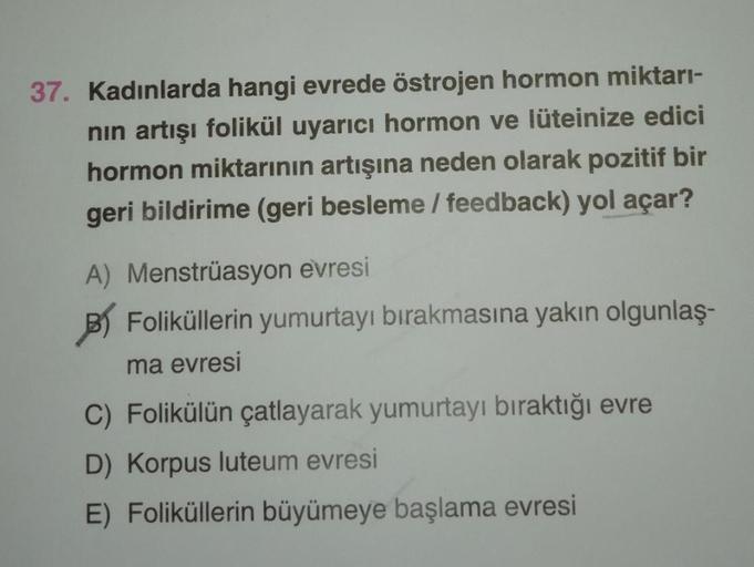 37. Kadınlarda hangi evrede östrojen hormon miktarı-
nın artışı folikül uyarıcı hormon ve lüteinize edici
hormon miktarının artışına neden olarak pozitif bir
geri bildirime (geri besleme/ feedback) yol açar?
A) Menstrüasyon evresi
B) Foliküllerin yumurtayı