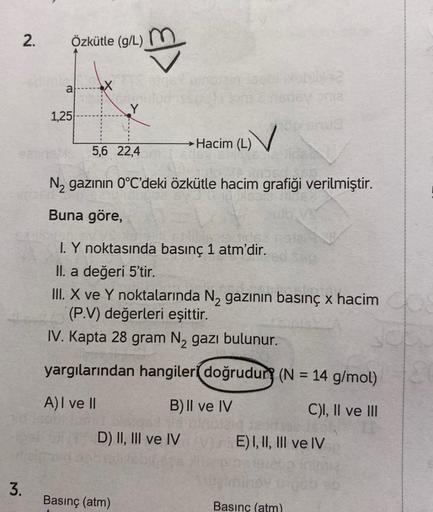 2.
3.
Özkütle (g/L) m
a
1,25
X
5,6 22,4
→→Hacim (L)
206)
sosyonla
imber...
N₂ gazının 0°C'deki özkütle hacim grafiği verilmiştir.
Buna göre,
Basınç (atm)
I. Y noktasında basınç 1 atm'dir.
II. a değeri 5'tir.
III. X ve Y noktalarında N₂ gazının basınç x hac