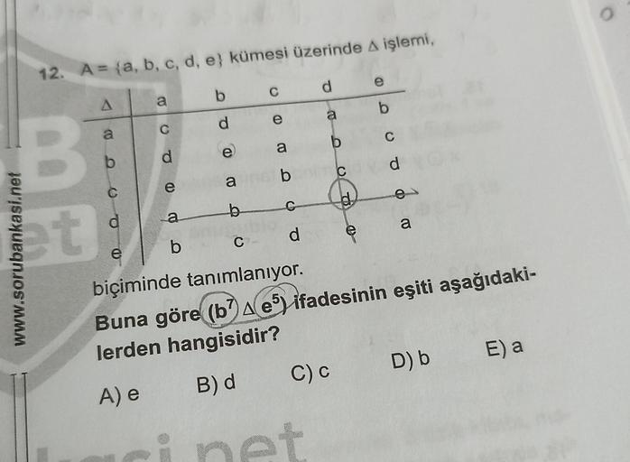 12. A = (a, b, c, d, e) kümesi üzerinde A işlemi,
b
B
www.sorubankasi.net
A
et
@DCO
a
a
e
C
d
d
e
C
e
a
b
C
d
d
e
a
a b
b
C
biçiminde tanımlanıyor.
Buna göre (b7) Ae5) ifadesinin eşiti aşağıdaki-
lerden hangisidir?
A) e
B) d
C) C
i net
C
e
b
C
d
e
a
D) b
E