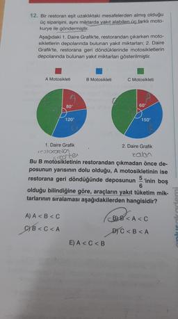 12. Bir restoran eşit uzaklıktaki mesafelerden almış olduğu
üç siparişini, aynı miktarda yakıt alabilen üç farklı moto-
kurye ile göndermiştir.
Aşağıdaki 1. Daire Grafik'te, restorandan çıkarken moto-
sikletlerin depolarında bulunan yakıt miktarları; 2. Daire
Grafik'te, restorana geri döndüklerinde motosikletlerin
depolarında bulunan yakıt miktarları gösterilmiştir.
A Motosikleti
LO
80°
A) A <B<C
CYB<C<A
120°
B Motosikleti
C Motosikleti
E) A <C<B
60°
1. Daire Grafik
restoranda
sikerte
Bu B motosikletinin restorandan çıkmadan önce de-
posunun yarısının dolu olduğu, A motosikletinin ise
restorana geri döndüğünde deposunun 5
'inin boş
6
olduğu bilindiğine göre, araçların yakıt tüketim mik-
tarlarının sıralaması aşağıdakilerden hangisidir?
150°
2. Daire Grafik
talan
BLB<A<C
D) C<B<A