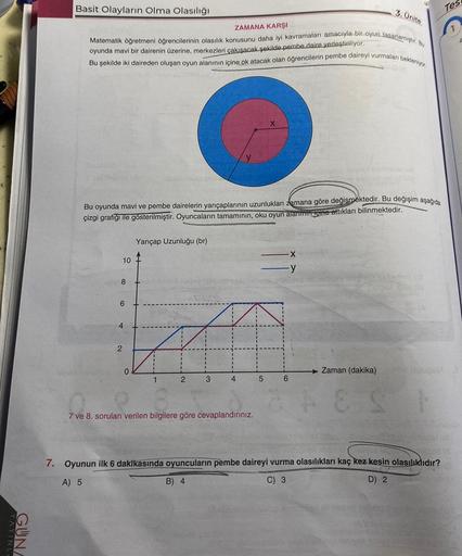 GUNA
Basit Olayların Olma Olasılığı
ZAMANA KARŞI
Matematik öğretmeni öğrencilerinin olasılık konusunu daha iyi kavramaları amacıyla bir oyun tasarlamiştir. Bu
oyunda mavi bir dairenin üzerine, merkezleri çakışacak şekilde pembe daire yerleştiriliyor.
Bu şe