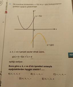 DYAYINLARI-
5.
Dik koordinat düzleminde y = f(x) ve y = g(x) fonksiyonlarının
grafikleri aşağıda gösterilmiştir.
0
y = f(x)
a, b, c ve d gerçek sayılar olmak üzere,
g(x)=b f(ax + c) + d
D) +, +, -, -
y = g(x)
eşitliği veriliyor.
Buna göre a, b, c ve d'nin işaretleri sırasıyla
aşağıdakilerden hangisi olabilir?
A) +, +, +, +
B) +, -, +, -
X
C) -, -, +, -
E) +, -, +,+
157