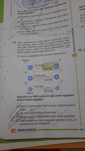 GYLC
Buna göre bu tarihle ilgi aşağıdaki ifadelerden
hangisi yanlıştır?
A) Meksika'da, gündüz şüresi, gece süresinden uzun-
dur. C
Güneş ışınları Uruguay'a, Meksika'ya göre daha
eik açı ile gelir.
C) Uruguay'da, geçe ile gündüz arasındaki süre farkı
daha a