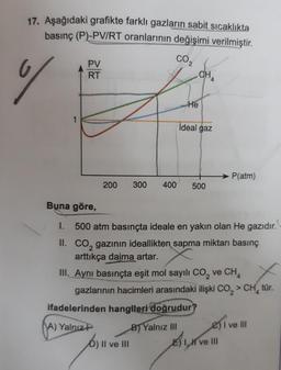 17. Aşağıdaki grafikte farklı gazların sabit sıcaklıkta
basınç (P)-PV/RT oranlarının değişimi verilmiştir.
CO₂
1
2222
PV
RT
He
CH
ideal gaz
200 300 400 500
Buna göre,
I. 500 atm basınçta ideale en yakın olan He gazıdır.
1.
D) II ve III
II. CO₂ gazının ideallikten sapma miktarı basınç
arttıkça daima artar.
ifadelerinden hangileri doğrudur?
A) Yalnız P
B) Yalnız III
P(atm)
III. Aynı basınçta eşit mol sayılı CO₂ ve CH4
x
gazlarının hacimleri arasındaki ilişki CO₂ > CH, tür.
e) I ve III
E) I ve III
₁₂