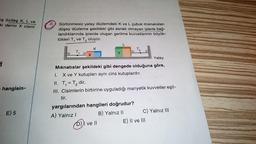 iş özdeş K, L ve
ki demir X cismi
3
hangisin-
E) 5
Sürtünmesiz yatay düzlemdeki K ve L çubuk mıknatısları
düşey düzleme şekildeki gibi esnek olmayan iplerle bağ-
landıklarında iplerde oluşan gerilme kuvvetlerinin büyük-
lükleri T, ve T₂ oluyor.
OX
A) Yalnız I
K
L
Yatay
Mıknatıslar şekildeki gibi dengede olduğuna göre,
1.
X ve Y kutupları aynı cins kutuplardır.
II. T₁ = T₂ dir.
III. Cisimlerin birbirine uyguladığı manyetik kuvvetler eşit-
tir.
yargılarından hangileri doğrudur?
B) Yalnız II
D) I ve
ve Il
T.
a 2
C) Yalnız III
E) II ve III