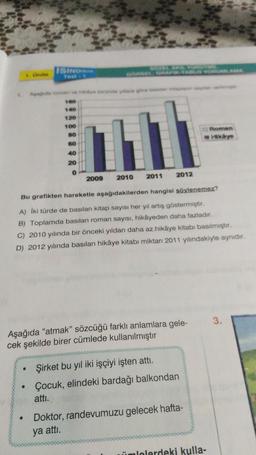 ISINDIRAN
100
80
●
40
20
0
2009 2010
2011
2012
Bu grafikten hareketle aşağıdakilerden hangisi söylenemez?
A) İki türde de basılan kitap sayısı her yıl artış göstermiştir.
B) Toplamda basılan roman sayısı, hikâyeden daha fazladır.
C) 2010 yılında bir önceki yıldan daha az hikâye kitabı basılmıştır.
D) 2012 yılında basılan hikâye kitabı miktarı 2011 yılındakiyle aynıdır.
Aşağıda "atmak" sözcüğü farklı anlamlara gele-
cek şekilde birer cümlede kullanılmıştır
Şirket bu yıl iki işçiyi işten attı.
Çocuk, elindeki bardağı balkondan
atti.
Doktor, randevumuzu gelecek hafta-
ya attı.
ümlelerdeki kulla-
3.