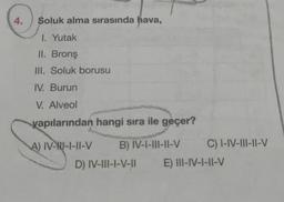 4.
Soluk alma sırasında hava,
1. Yutak
II. Bronş
III. Soluk borusu
IV. Burun
V. Alveol
yapılarından
hangi sıra ile geçer?
A) IV-R1-1-11-V B) IV-I-III-II-V
C) I-IV-III-II-V
D) IV-III-I-V-II E) III-IV-I-II-V